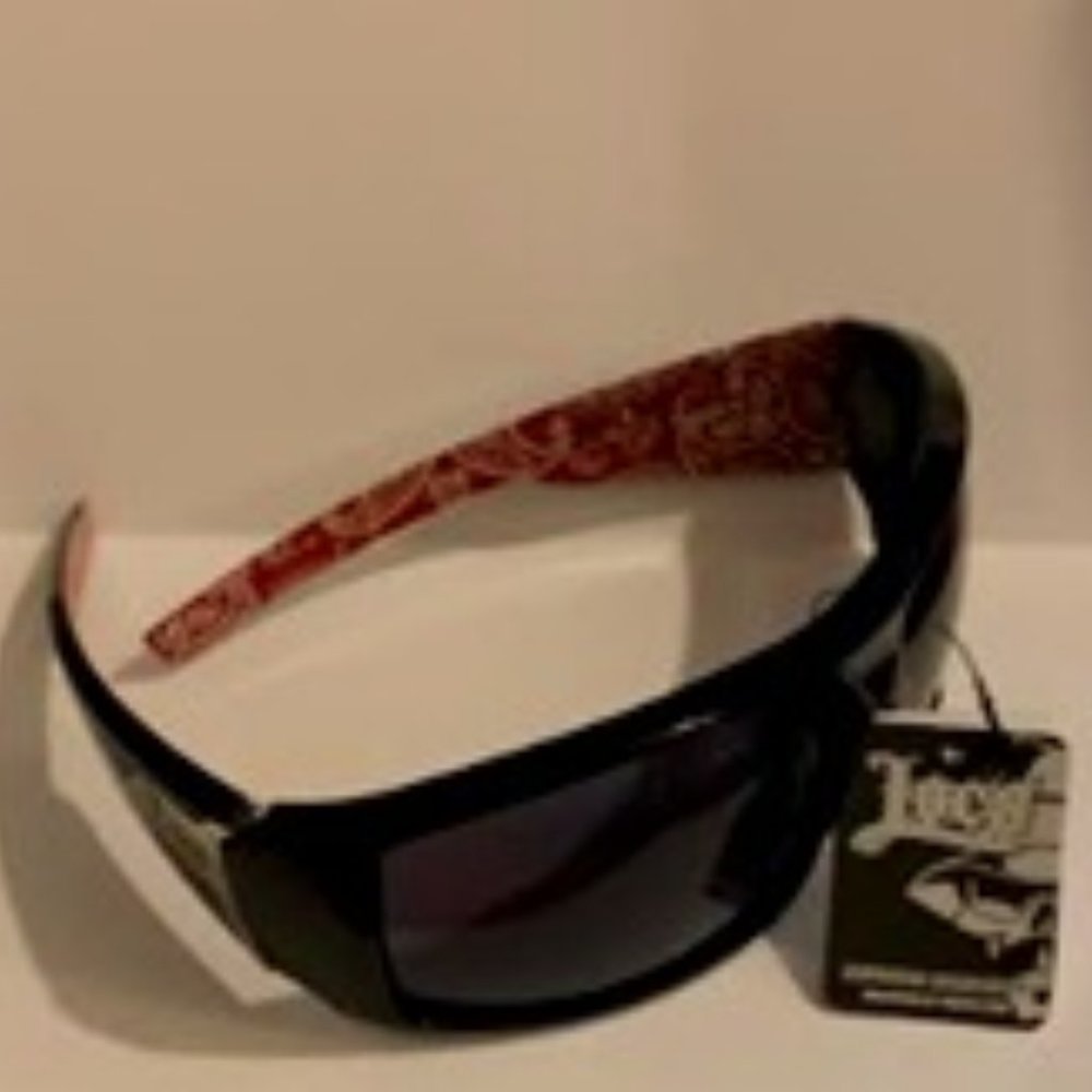 New Locs cholo Biker UV400 Sunglasses shiny Black frame black lens- red BDNA